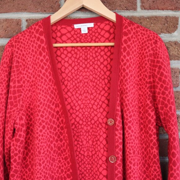 Isaac Mizrahi Live! Womens Long Button Down V Neck Red Reptile Cardigan Size L - Picture 3 of 14